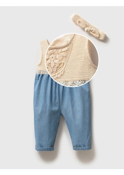 Lima Kız Bebek Dantel Roba Detaylı Denim Tulum Set