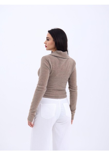 42531 Triko Simli Yakalı Crop-Kahve