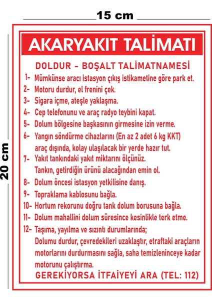 Metal Akaryakıt Talimatı 15 cm x 20 cm Uyarı Levhası Yönlendirme Tabelası