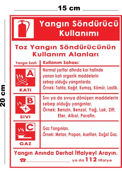 Metal Yangın Söndürücü Kullanımı 15 cm x 20 cm Uyarı Levhası Yönlendirme Tabelası