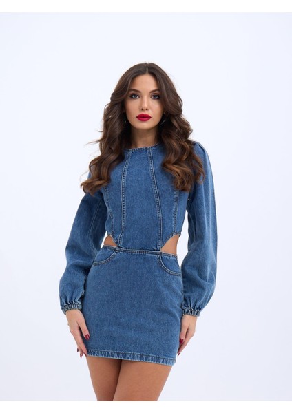 6834 Wındowed Denım Dress-Mavi