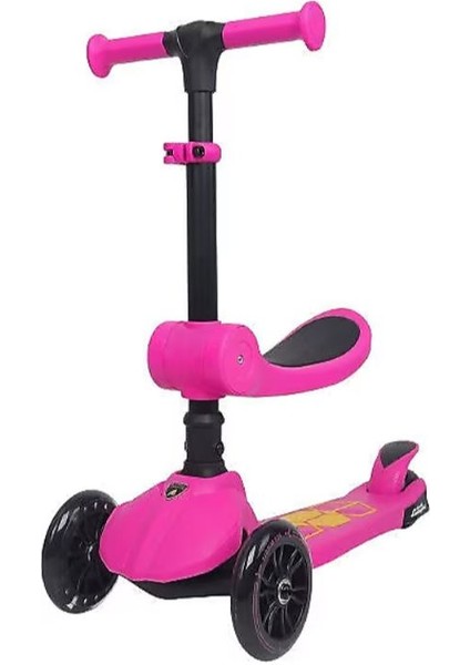 L5 2in1 Pembe Katlanabilir 3 Tekerlekli Oturaklı Işıklı Çocuk Scooter