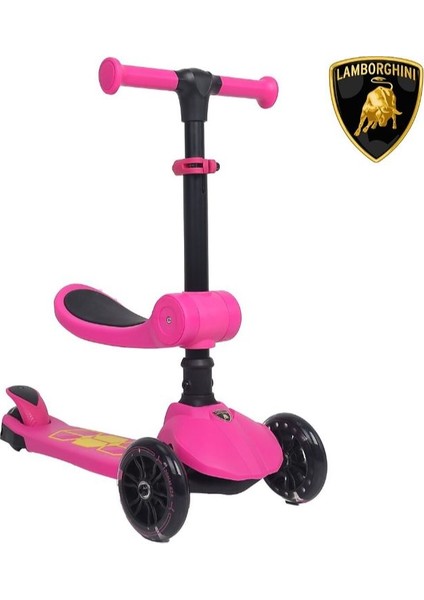 L5 2in1 Pembe Katlanabilir 3 Tekerlekli Oturaklı Işıklı Çocuk Scooter
