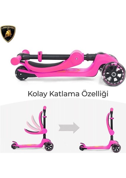 L5 2in1 Pembe Katlanabilir 3 Tekerlekli Oturaklı Işıklı Çocuk Scooter