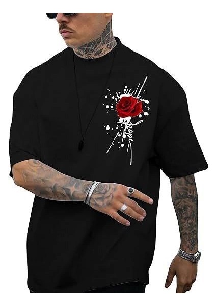 Erkek Bisiklet Yaka Kısa Kol Baskılı T-Shirt - Siyah