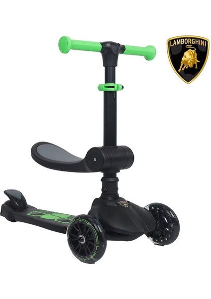L5 2in1 Yeşil Katlanabilir 3 Tekerlekli Oturaklı Işıklı Çocuk Scooter