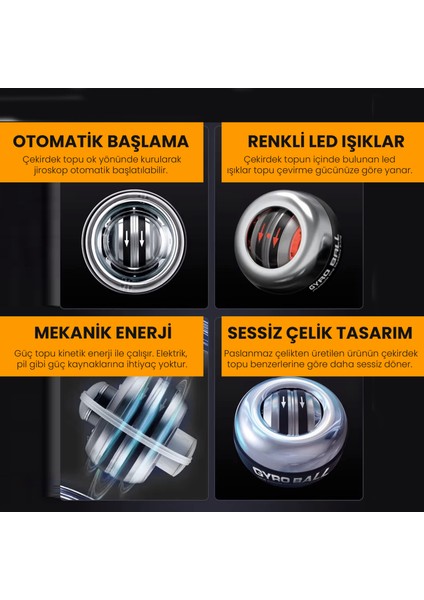 Metal Gyro Ball El Bilek Egzersiz Topu Led Işıklı Kol Kuvvet Güç Topu Powerball