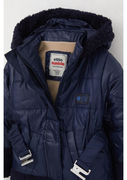 Kız Çocuk Mont Kemerli Armalı Peluşlu 2-6 Yaş, Lacivert