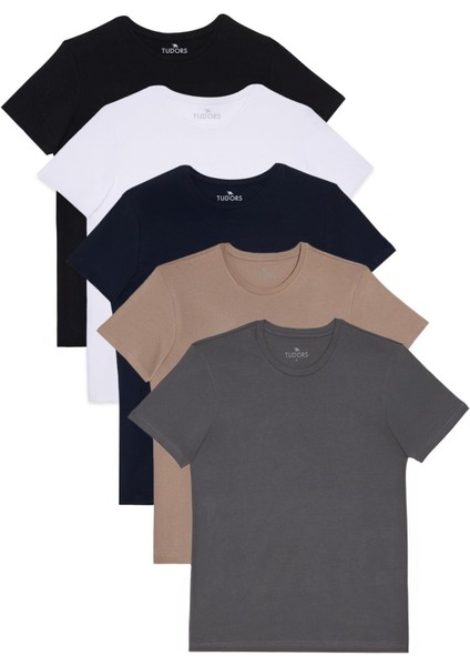 Unisex 5'li Paket Siyah-Beyaz-Lacivert-Vizon-Gri Slim Fit Dar Kesim %100 Pamuk Bisiklet Yaka Tişört