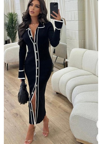 Kadın Uzun Kollu Şerit ve Full Düğme Detay Göğüs ve Bacak Dekoltesi Ayarlanabilir Midi Boy Elbise fiyatları