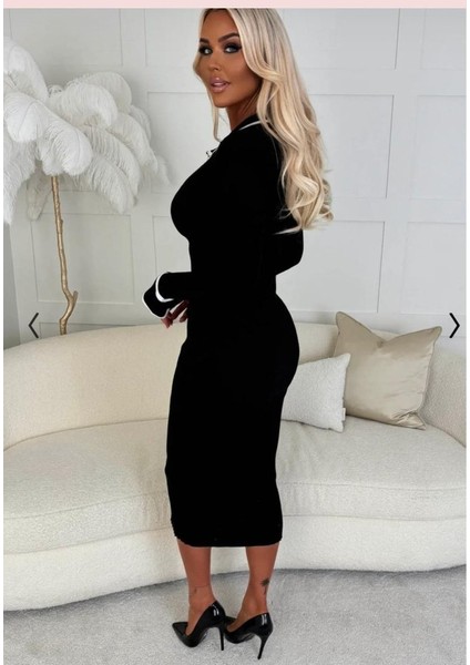 Kadın Uzun Kollu Şerit ve Full Düğme Detay Göğüs ve Bacak Dekoltesi Ayarlanabilir Midi Boy Elbise fırsatları