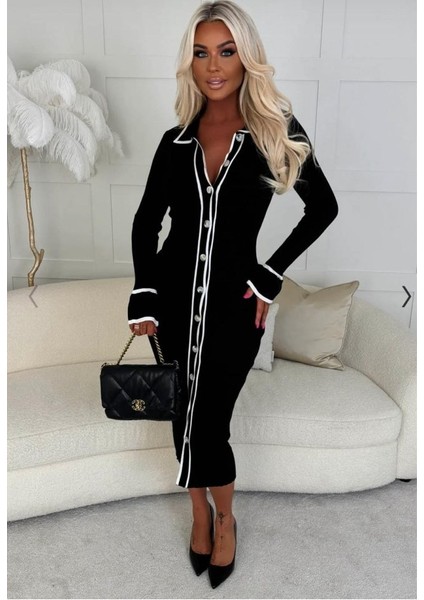 Kadın Uzun Kollu Şerit ve Full Düğme Detay Göğüs ve Bacak Dekoltesi Ayarlanabilir Midi Boy Elbise indirimleri