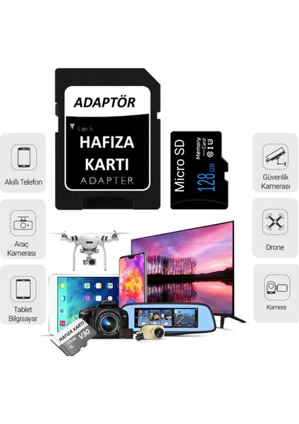 128GB Micro SD Hafıza Kartı Class 10 100MB/s 4K Video Kayıt Araç ve Güvenlik Kamerası, Drone Uyumlu
