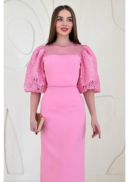 Kolları Dantelli Inci Detaylı Elbise fiyatları
