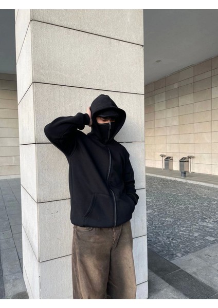 Samuray Kapüşonlu Zıp Fermuarlı Kapüşonlu Sweatshirt - Siyah fırsatları