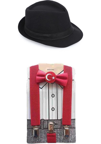 Ay Yıldız Papyon + Pantolon Askısı + Fötr Şapka - 23 Nisan Çocuk Okul Papyon Seti 29 Ekim Set