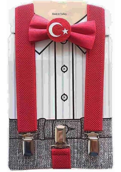 Ay Yıldız Papyon + Pantolon Askısı + Fötr Şapka - 23 Nisan Çocuk Okul Papyon Seti 29 Ekim Set