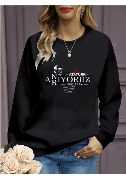 Kadın Uzun Kollu 10 Kasım Atatürkü Anma Gününe Özel Viskon Iki Iplik Kumaş Sweat