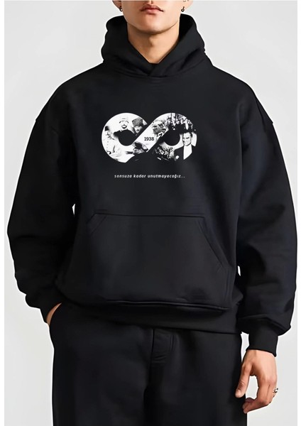 10 Kasıma Özel Üç Iplik Kapşonlu Baskılı Sweatshirt - Siyah