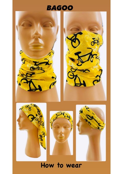 Bagoo Sarı Bisiklet Desenli Çok Fonksiyonlu Buff-Baf- Bandana- Boyunluk- Saç Bandı indirimleri