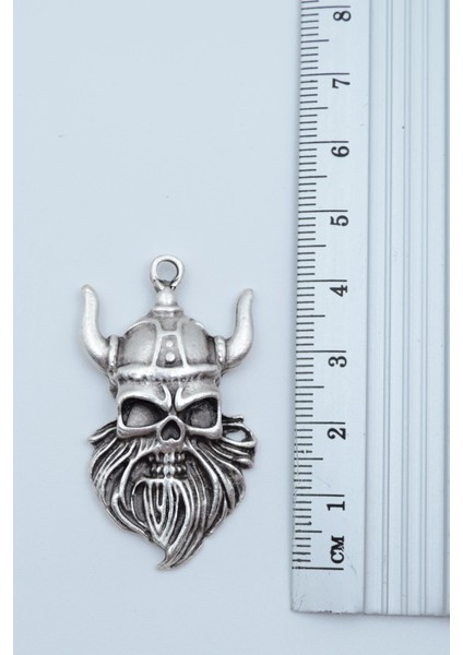 Viking Sakallı Kuru Kafa Deri ip Kolye - Gümüş Kaplama - Kadın Erkek Kolye - No:830