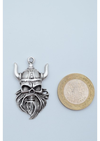 Viking Sakallı Kuru Kafa Deri ip Kolye - Gümüş Kaplama - Kadın Erkek Kolye - No:830