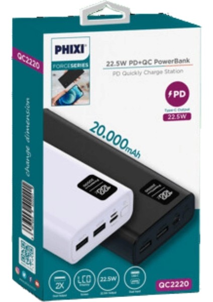 Force QC2220 20.000MAH LCD Ekranlı 22.5W Pd Destekli Taşınabilir Powerbank