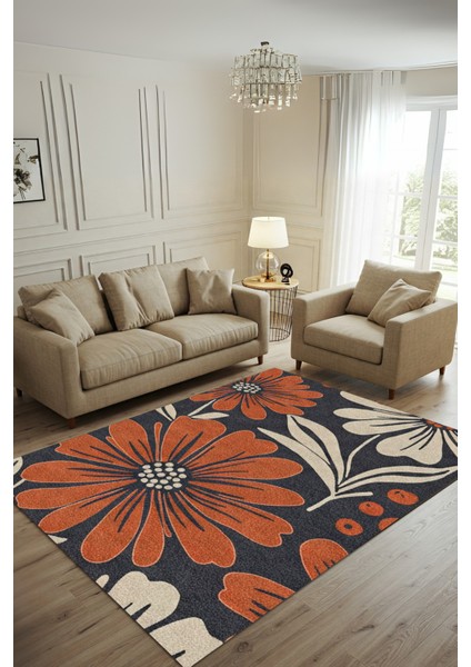 Çiçek Desenli Kahverengi Halı Çicek Figürlü Halı Doğa Temalı Halı Dijital Baskılı Salon Halısı
