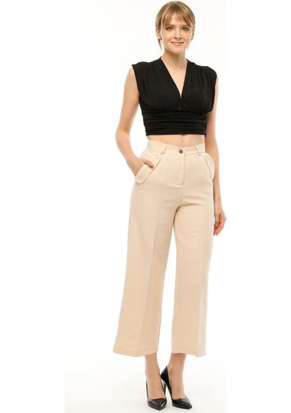 Kadın Yüksek Bel Cebi Kapaklı Rahat Kalıp Palazzo Pantolon - Taş