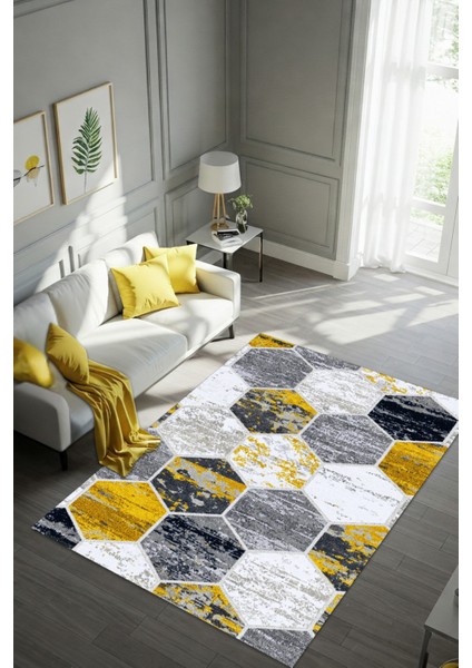 Geometrik Desenli Halı Bal Peteği Desenli Halı Sarı Siyah Halı Dijital Baskılı Dokuma Tabanlı Halı Salon Halısı