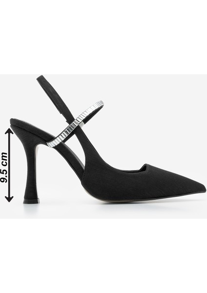 Kadın Stiletto Sivri Burun Bantlı Taşlı Arkası Açık Atkılı Topuklu Ayakkabı Lovan Siyah Saten