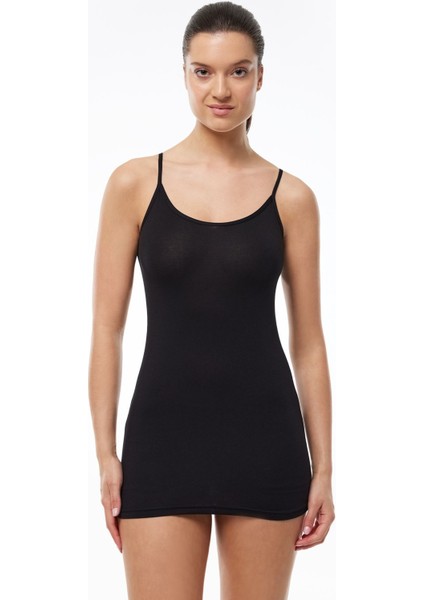 Kadın Siyah Ayarlanabilir İp Askılı Uzun Modal Atlet 144