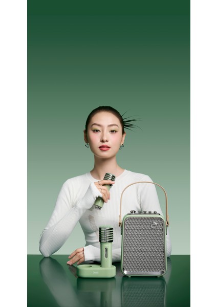 SongBird-HQ Yeşil Çift Karaoke Mikrofonlu 6 Ses Efektli 50 Watt Taşınabilir Bluetooth Hoparlör