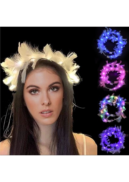 LED Işıklı Rengarenk Yanan 3 Fonksiyonlu Otrişli Parti Tacı Beyaz Renk 12 x 12 cm (4887)