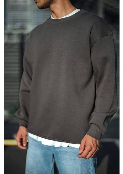 Kışlık Bisiklet Yaka Üç Iplik Basic Sweatshirt - Antrasit