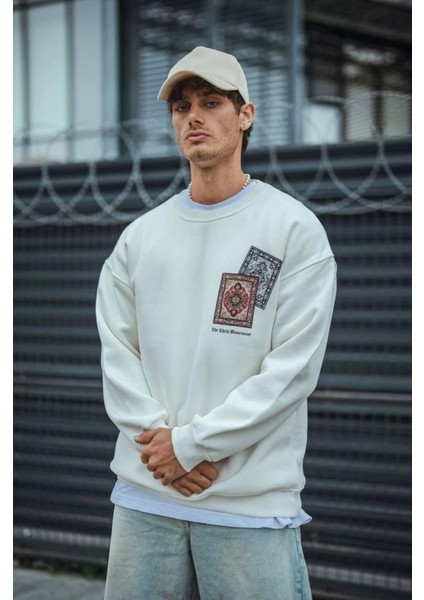 Uzun Kol Bisiklet Yaka Baskılı Sweatshirt - Beyaz