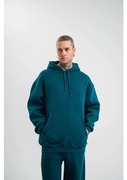 Unisex Double Oversize Kapşonlu Basic Sweatshirt - Koyu Deniz Yeşili fiyatları