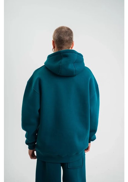 Unisex Double Oversize Kapşonlu Basic Sweatshirt - Koyu Deniz Yeşili fırsatları