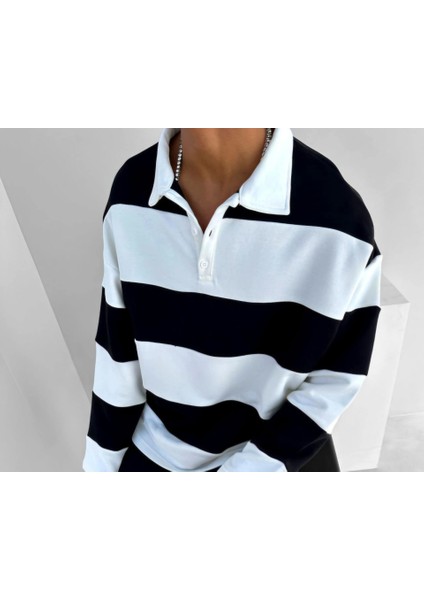 Unisex Üç Iplik Parçalı Yakalı Sweatshirt - Siyah