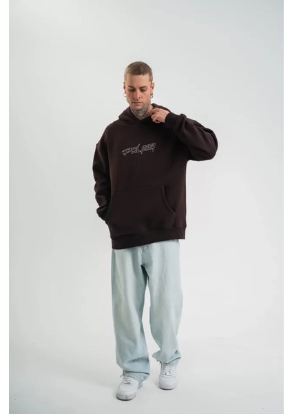 Unisex Üç Iplik Kapşonlu Nakışlı Sweatshirt - Kahve