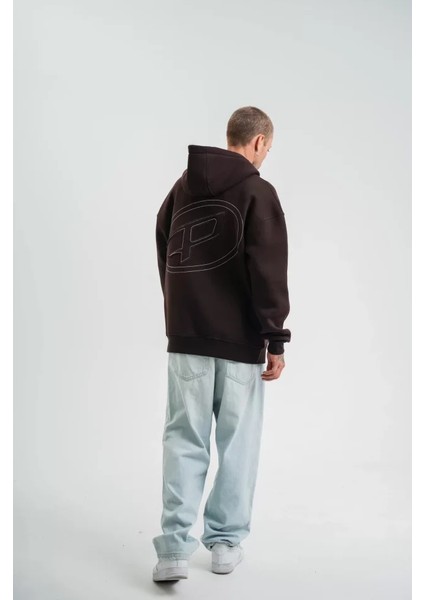 Unisex Üç Iplik Kapşonlu Nakışlı Sweatshirt - Kahve