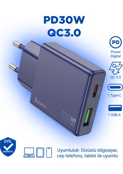 N45 PD30W + Qc3.0 Usb-C + Usb-A Hızlı Şarj Adaptörü