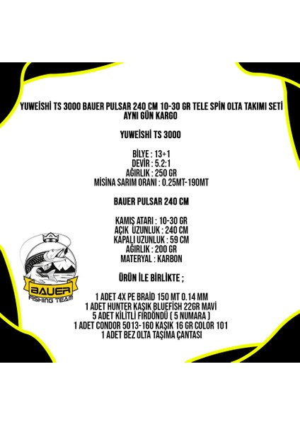 Yuweishi Ts 3000 Bauer Pulsar 240 cm 10-30 gr Tele Spin Olta Takımı Seti indirimleri