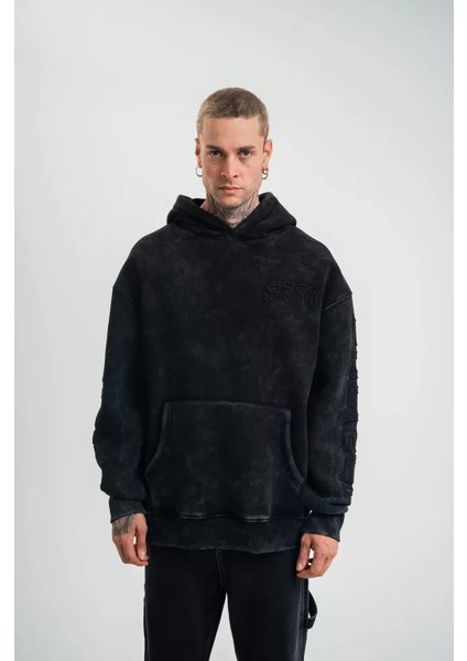 Kapşonlu Double Oversize Yıkamalı Evalı Nakışlı Sweatshirt - Siyah