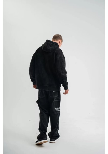 Kapşonlu Double Oversize Yıkamalı Evalı Nakışlı Sweatshirt - Siyah fiyatları