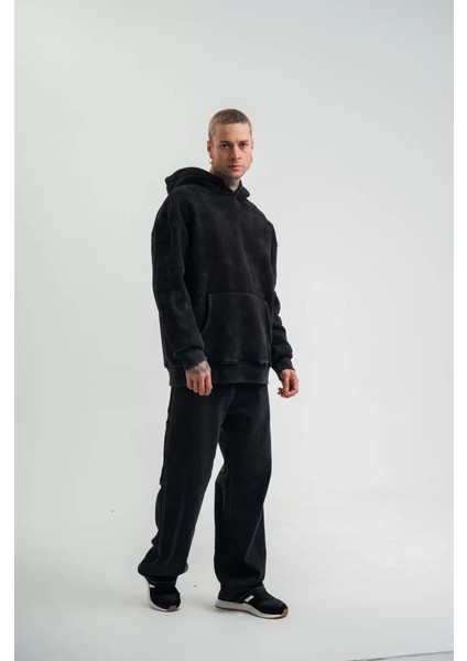 Kapşonlu Double Oversize Yıkamalı Evalı Nakışlı Sweatshirt - Siyah modelleri
