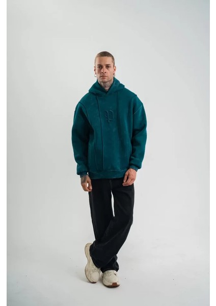 Unisex Uzun Kol Kapşonlu Yıkamalı Nakışlı Sweatshirt - Koyu Deniz Yeşili