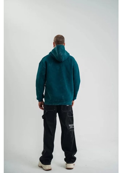 Unisex Uzun Kol Kapşonlu Yıkamalı Nakışlı Sweatshirt - Koyu Deniz Yeşili fırsatları