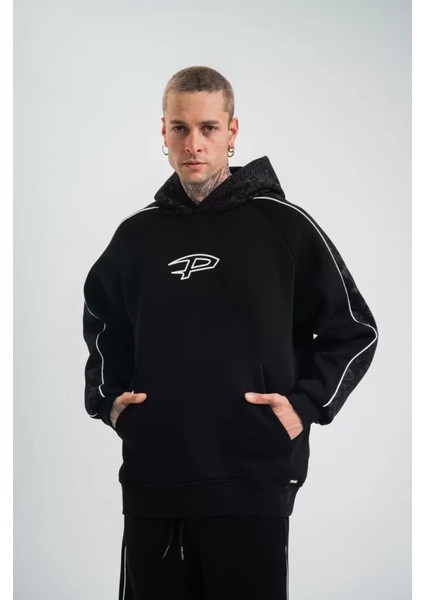Polızeı Premium Kalite Unisex Kapşonlu Ara Biyeli Sweatshirt - Siyah