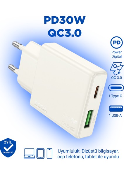 N45 PD30W + Qc3.0 Usb-C + Usb-A Hızlı Şarj Adaptörü